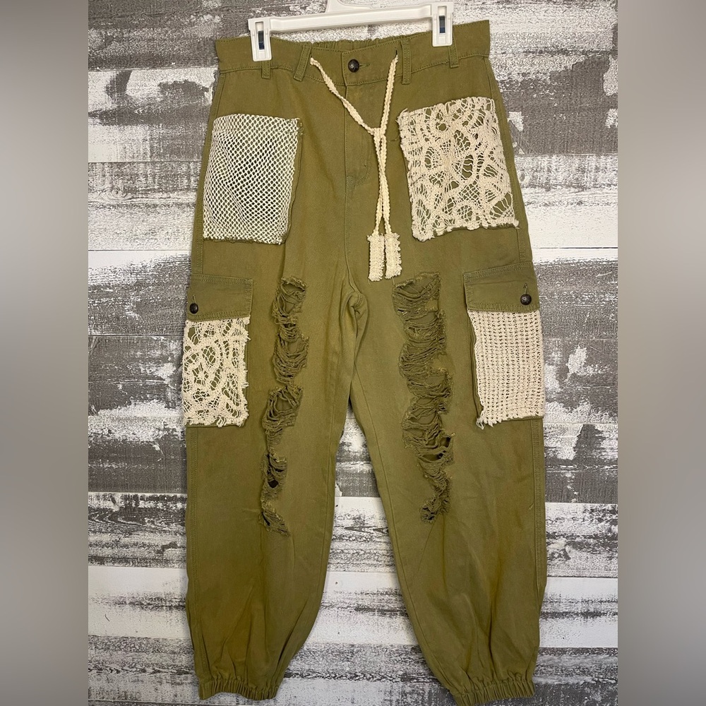 Pol Green Distressed Patchwork Joggers - image 2